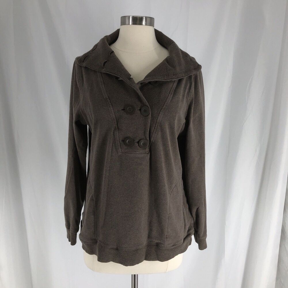 Banana Republic Womens Shawl Collar Pullover Sweatshirt Brown Button Pocket XL